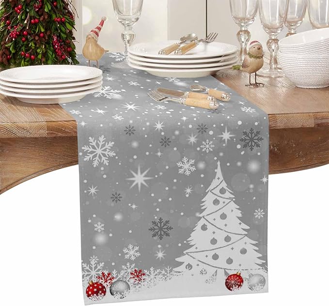 Christmas Snowflakes Cotton Linen Table Runner for Dining Kitchen, Xmas Tree Snow Winter Wedding Outdoor Party Tablerunners Decoration, Grey Balls Dresser Scarf Coffee Tablecloth Runners 13x120 Inches