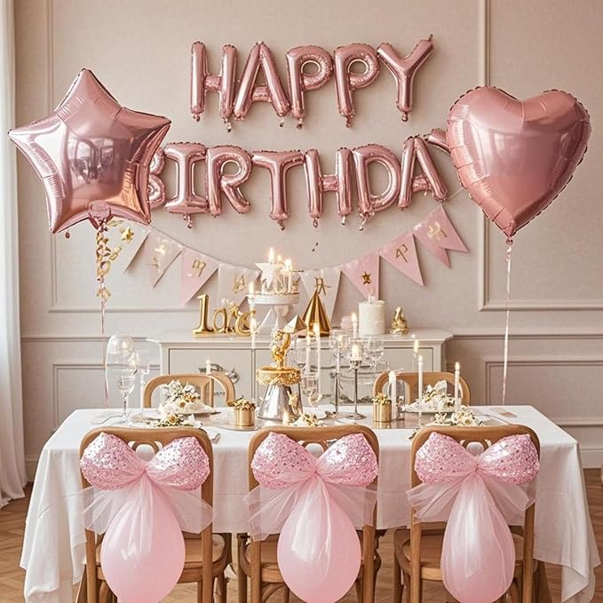 27 Pcs Pink Birthday Decorations, 3D Foil Pink Happy Birthday Balloon Banner - Image 5
