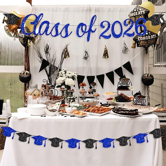 Class of 2026 Banner Graduation Decorations Class of 2026 Blue Glitter Congrats - Image 6