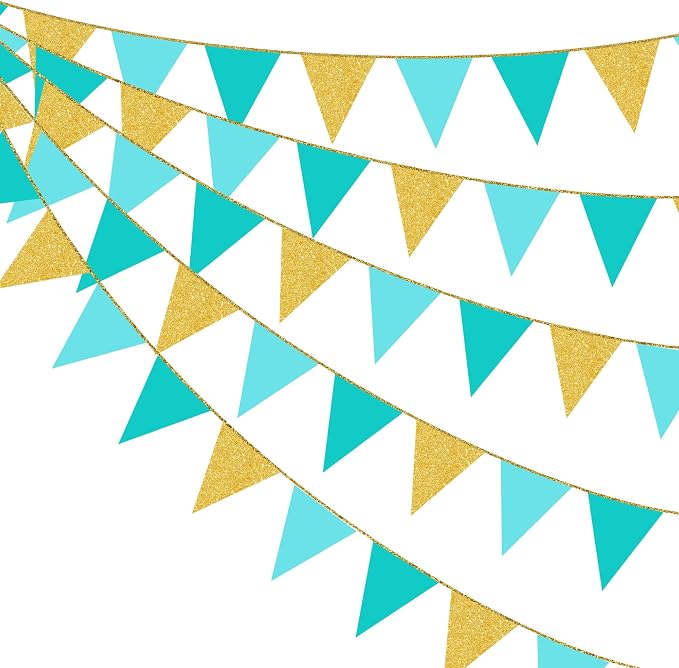 Teal Aqua Blue and Gold Party Decorations Pennant Banner Flag Hanging Glitter by pinkblume