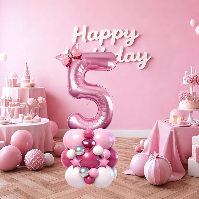 40 Inch Pink Number 5 Balloon Tower Set, Pastel Number Five Foil Balloon - Image 3