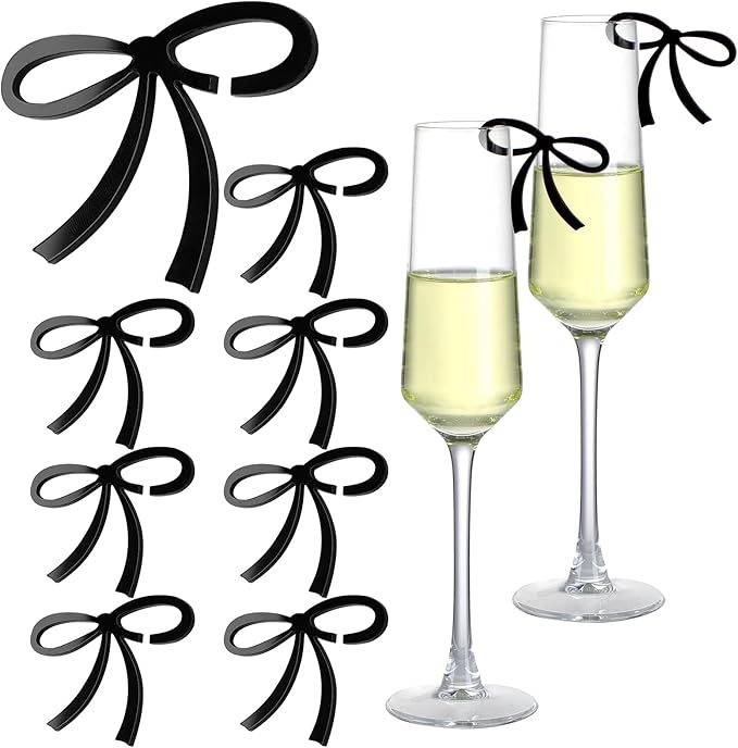 50 Pcs Bows Drink Tags Coquette Bow Wine Glass Charms Acrylic Bowknot Drink Tag for Bachelorette Birthday Wedding Coquette Tasting Party Decor Accessory (Black)