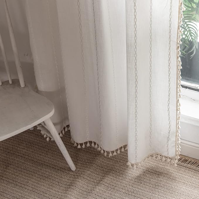 Boho Curtains - Embroidery Linen and Cotton 63 Inch Length 2 Pannels by BCLBUSTE