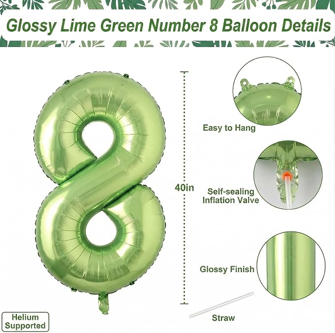 Light Green Number 8 Balloon 40 Inch, Glossy Metallic Numeral Event Decor | - Image 4