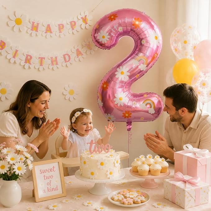2nd Birthday Daisy Balloon, 40 Inch Pink Number 2 Boho Party Decor | Daisy - Image 2
