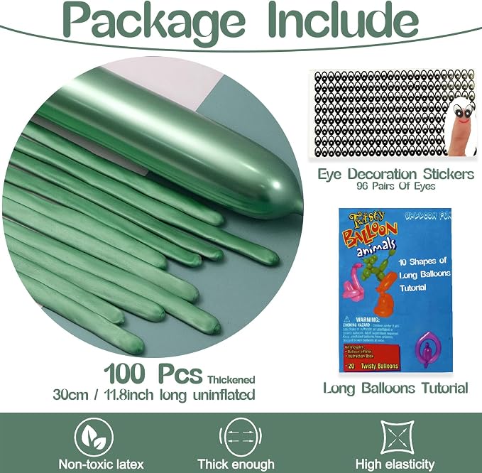 260 Balloons Metallic Green, Thickened 100 Pack Long Balloons Twisting Skinny - Image 2