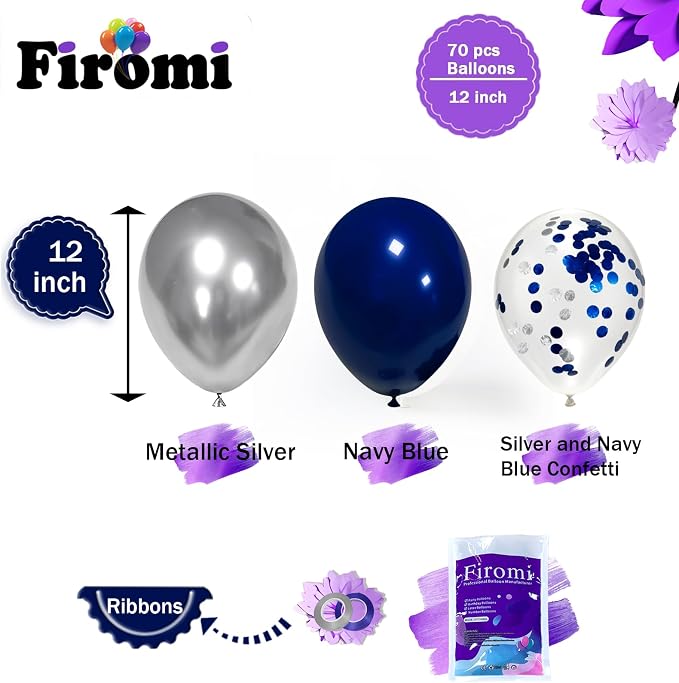Firomi Metallic Silver Navy Blue Balloons Set 12 inch 70pcs | Dark Blue and - Image 2