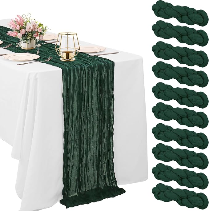 10 Pack Dark Green Cheesecloth Table Runner 10FT Boho Gauze Fabric Table Runner by HAISIWLKJ