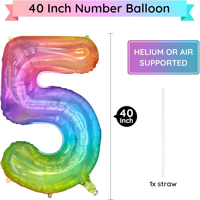 40 Inch Rainbow Number Balloon 5, Large Number Foil Balloons Mylar - Image 2