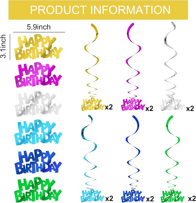 BEISHIDA 12 Pcs Pre-Strung Happy Birthday Hanging Swirl Decorations, Colorful - Image 2