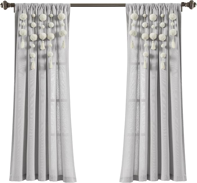 Lush Decor Boho Pom Pom Tassel Linen Textured Window Curtain Panel, Single 52" - Image 9