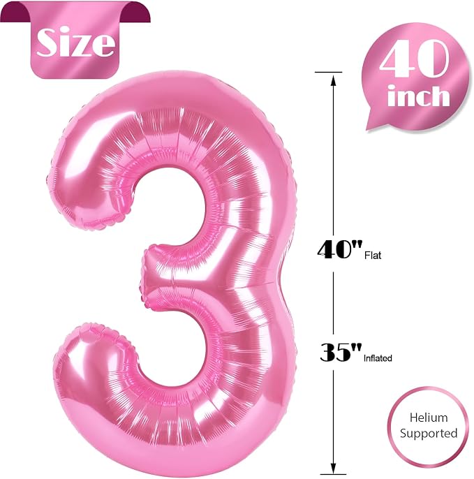 Pink Number 3 Balloon 40 Inch, 3rd Birthday Party Decorations Men Women | Foil - Image 6