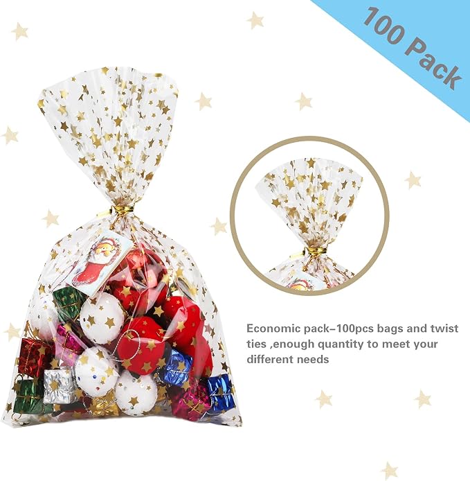100 Pcs Star Printed 6"X10" Gift Wrap Cello Cellophane Treat Bags Party Favor - Image 3