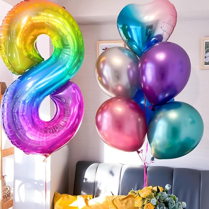 Rainbow Number 8 Balloon, 40 Inch Large Number Foil Mylar Balloons - Image 3