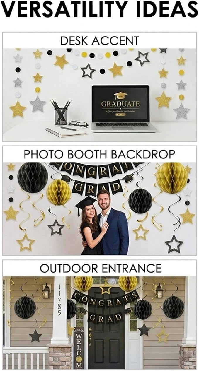 Graduation Decorations 2026-17Pcs Black and Gold Graduation Party Supplies - Image 7
