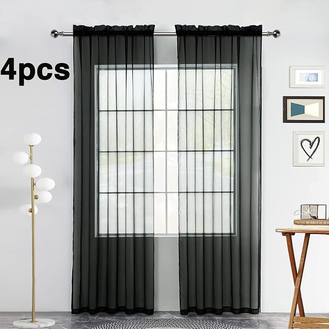 SpaceDresser Black Sheer Curtains 4 Panels Rod Pocket Semi-Sheer Curtain 54 - Image 2