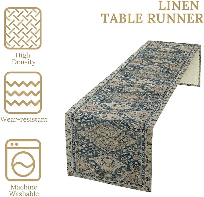 Vintage Boho Floral Table Runner, Rustic Country Farmhouse Blue Grey Retro Flower Pattern for Home Kitchen Table Decor Dining Coffee Room Party Decor 13x120in