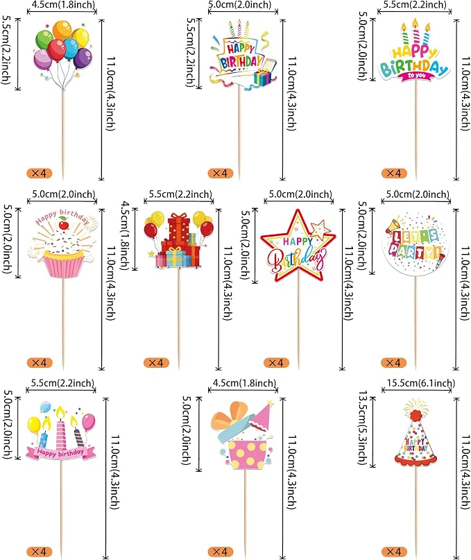 40 PCS Happy Birthday Cupcake Toppers Balloon Star Cheers Party Time Firework - Image 2