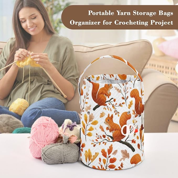 Orange Autumn Squirrels and Leaves Yarn Bag Small Crochet Bag Drawstring Yarn - Image 4