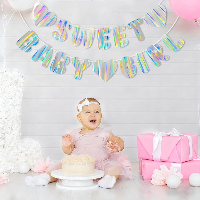 Iridescent Baby Shower Banner for Girl, Pre-Strung Sweet Baby Girl Banner - Image 6