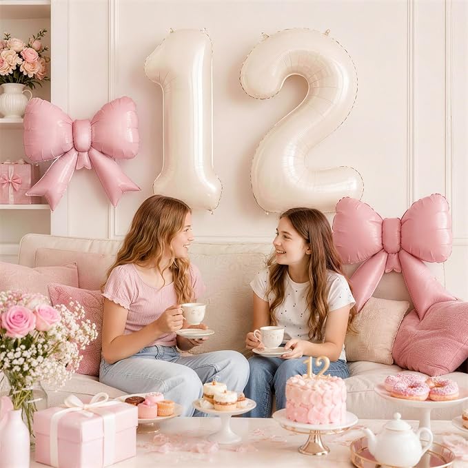 Cream 6 Balloons with Pink Bow Balloons, 40 Inch Giant Self Inflating Beige - Image 7