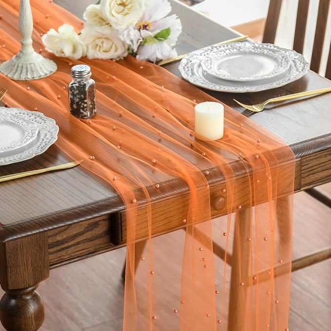 Artoid Mode Pearl Orange Gauze Table Runner 120 Inch 10FT, Seasonal Sheer by ArtoidMode