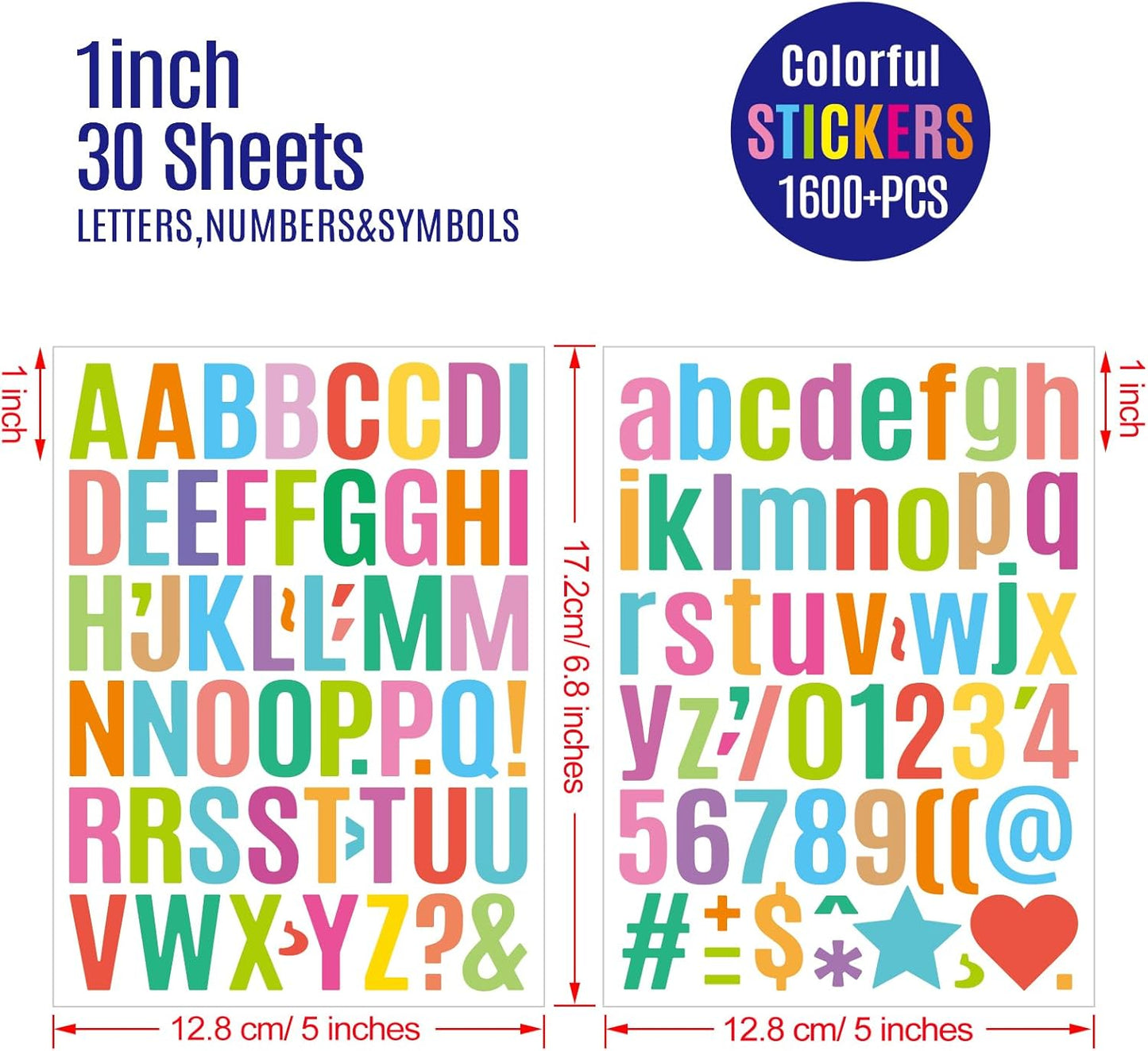 Letter Stickers 30 Sheets 1600 Pieces Alphabet Sticker 1 Inch Vinyl Self Adhesive Stick on Stickers for DIY Crafts Art Making Mailbox Scrapbook Classroom Decor(Colorful)