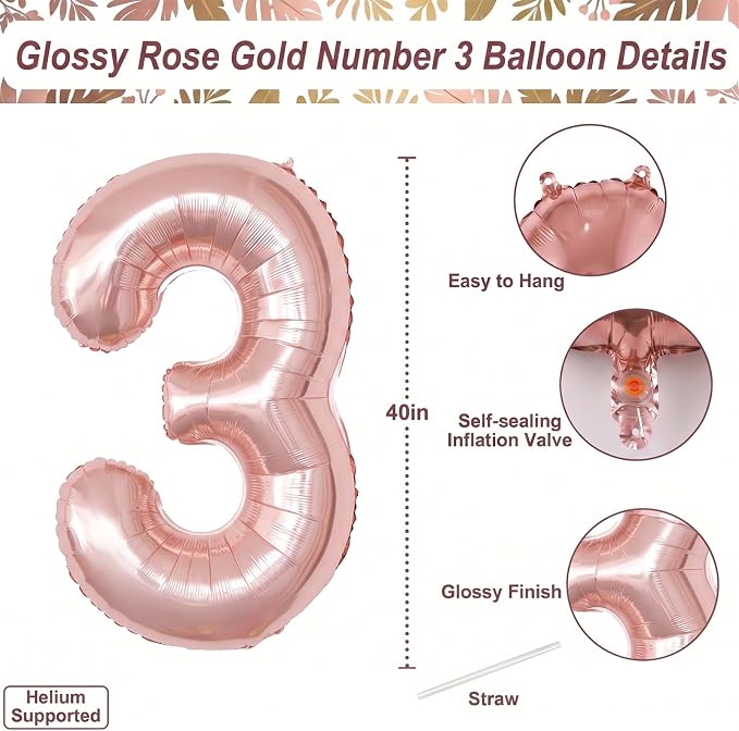 Rose Gold Number 3 Balloon 40 Inch, Blush Foil - Image 4