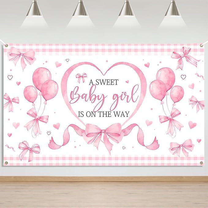 Mocsicka Pink Bow Baby Shower Banner Backdrop by Mocsicka