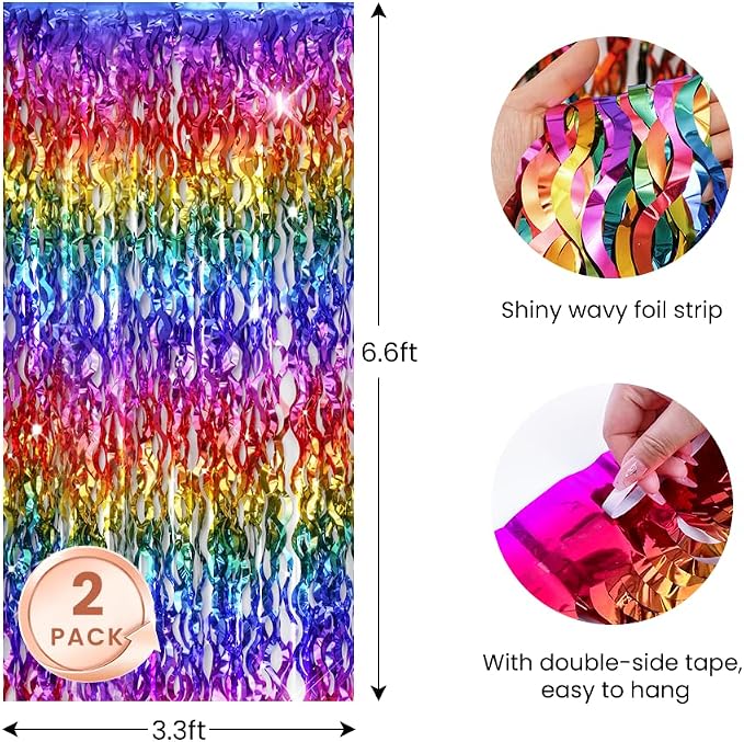Shiny Rainbow Foil Fringe Curtain Wavy Rainbow Tinsel Streamer Backdrop - Image 2
