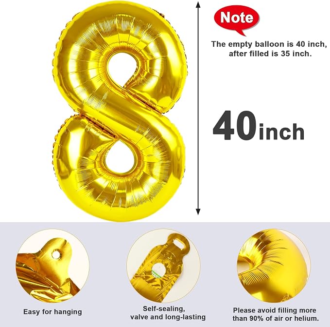 Number 8 Balloon Birthday Decorations, 40In Gold Balloons - Image 5