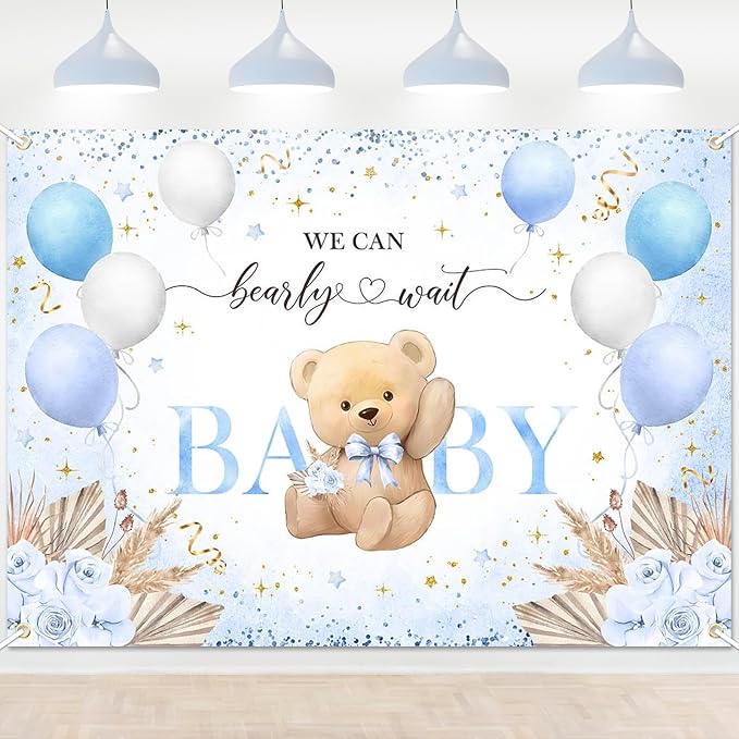 Blue Bear Baby Shower Backdrop 7x5 ft We Can Bearly Wait Banner by Lecheme