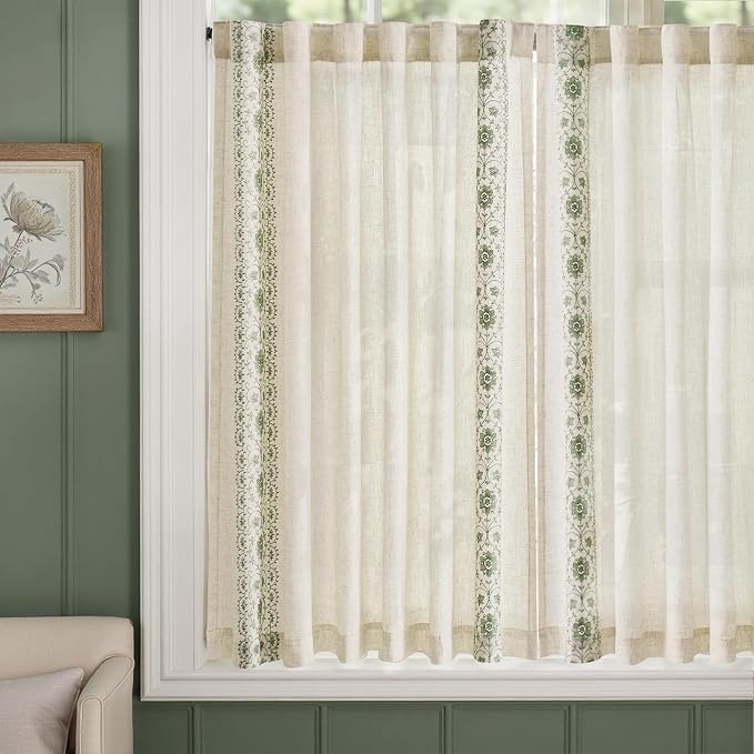 jinchan Green Floral Embroidered Linen Kitchen Curtains 54×45 Inch 2 Panels | - Image 5