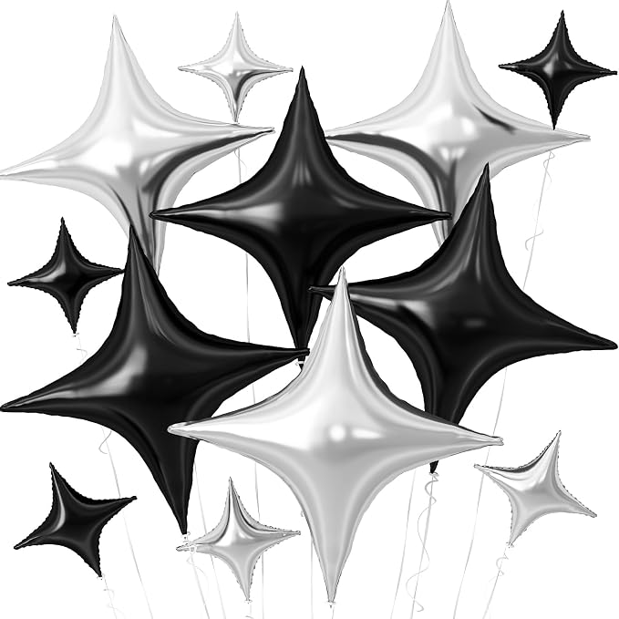 Black Silver Star Balloons, 26Inch and 10Inch Black Silver Quadrangle Helium by Adorely
