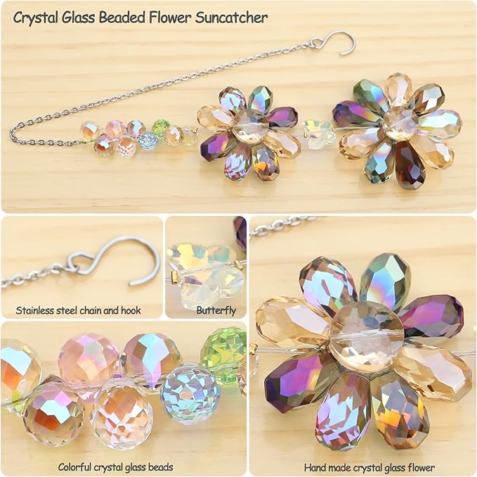 Crystal Flower Suncatcher Hanging Ornament, Rainbow Maker Window Sun Catcher Indoor Outdoor Patio Garden Decor (Deep Multicolor)