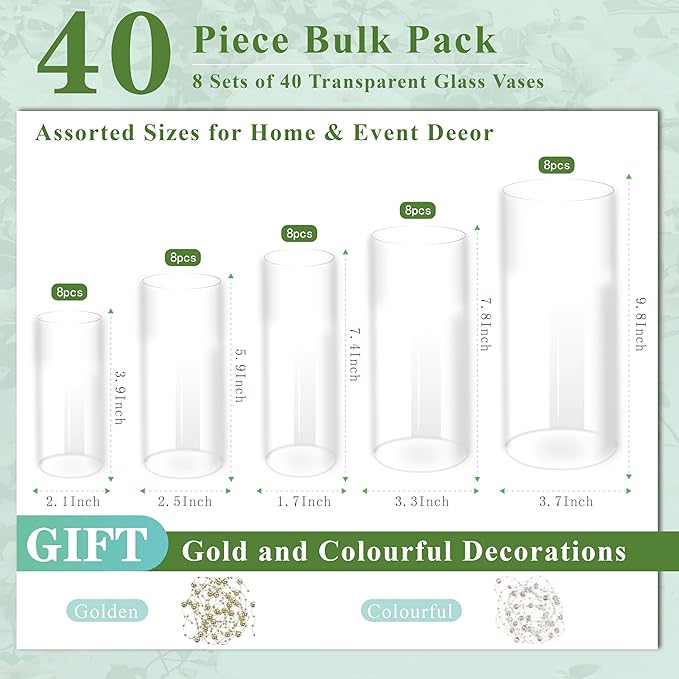 40pcs Glass Vase for Centerpieces, 4,6,7.5,8,10 inch Tall Clear Cylinder Flower Vase Bulk Floating Candle Holder for Wedding Table Home Décor and Party