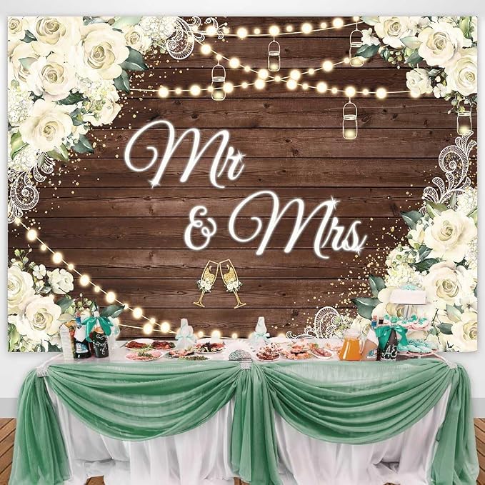 8x6ft Floral Mr and Mrs Engagement Decorations Backdrop White Flowers Wooden - Image 2