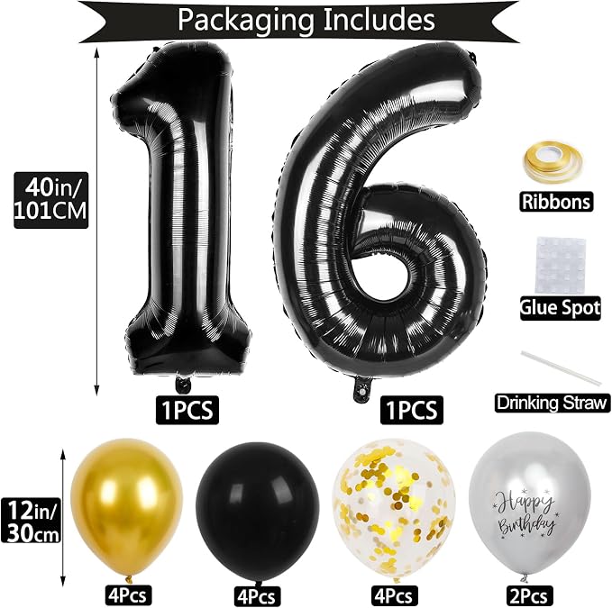 16th Birthday Decorations for Boys, 40 inch 16 Balloon Numbers - Image 2