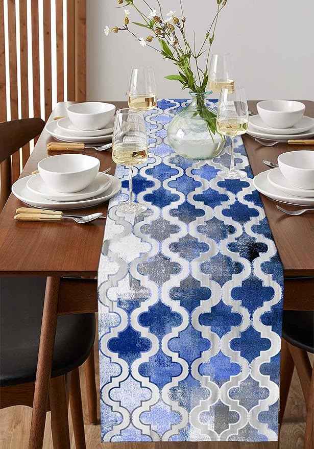 Blue Morocco Plaid Cotton Linen Table Runner for Dining Kitchen, Wedding Outdoor Party Tablerunners Decoration, Distressed Abstract Painted Vintage Dresser Scarf Coffee Tablecloth Runners 13''x108''
