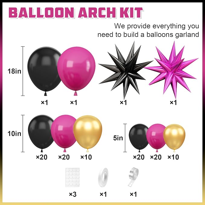 Hot Pink Black Balloon Arch Kit, Balloon Garland - Image 2