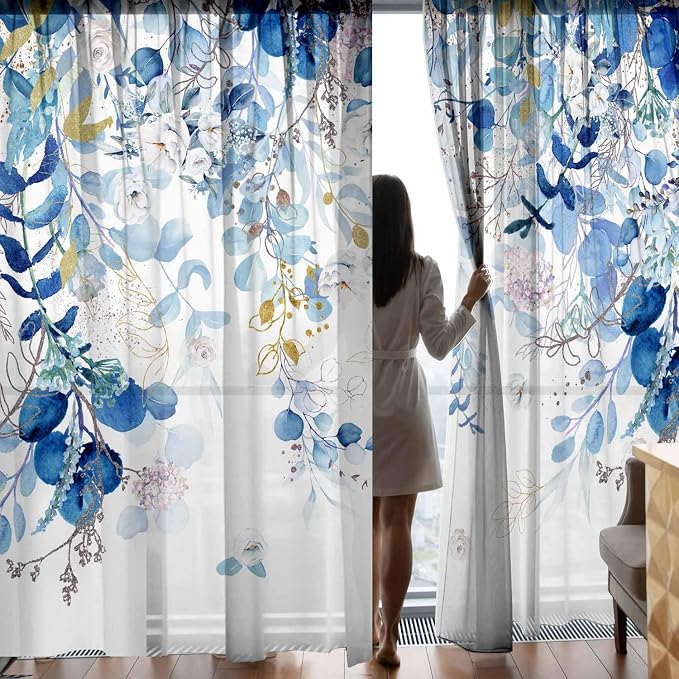 Blue Eucalyptus Curtains for Living Room 84" Length Watercolor Leaf Plant - Image 4