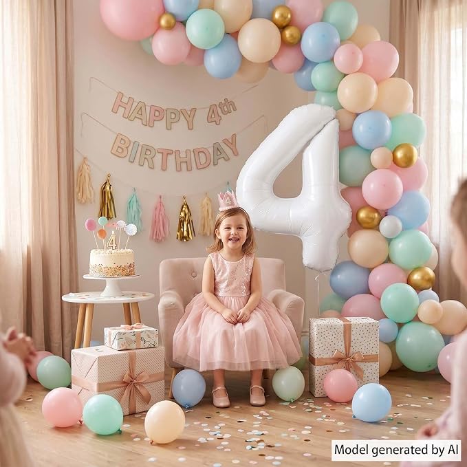 White Number 4 Balloon 40 Inch, Large Foil Mylar 4th Birthday Decorations - Image 2