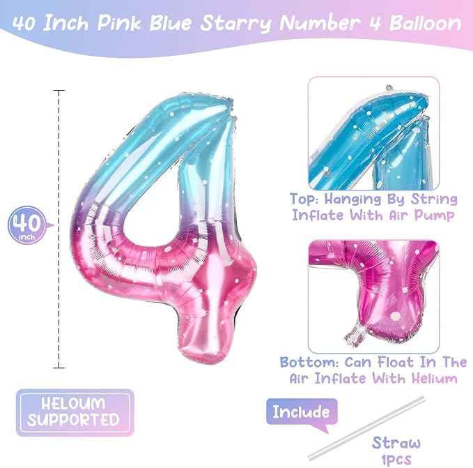 40 Inch Pink Blue Number 4 Balloon, Large Gradient Pink Blue Mylar Foil Number - Image 4