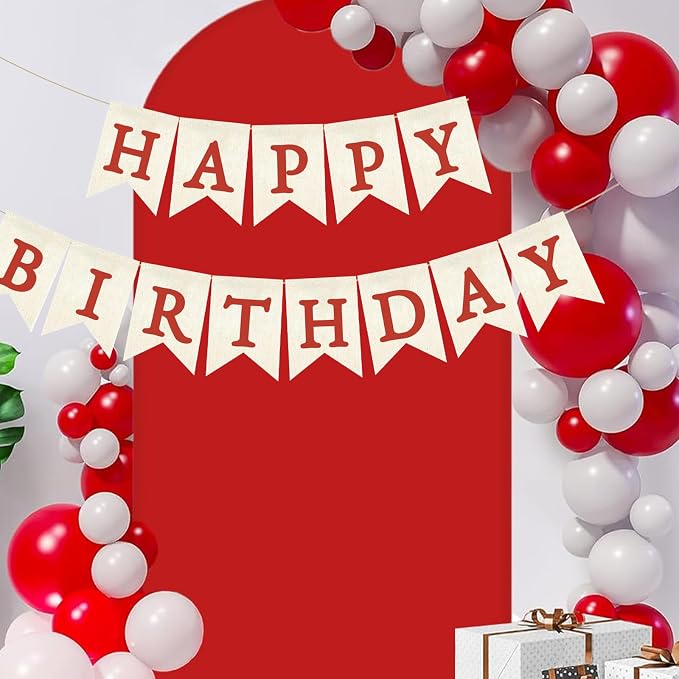 Red Happy Birthday Banner Pre-strung Burlap Bunting Party Backdrop Sign - Image 3