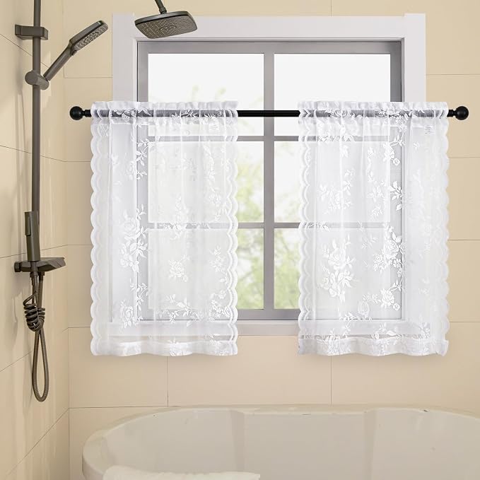 SEEKRIGHT White Lace Cafe Curtains 36 Inch Length Rod Pocket Privacy Sheer - Image 3