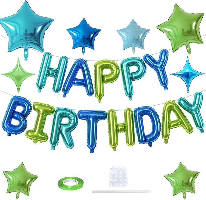 Happy Birthday Balloon Banner Blue Green, 16 Inch Mylar Foil Letter Balloons - Image 8