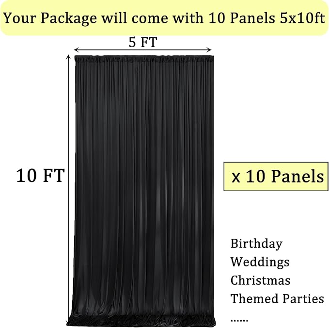 Black Backdrop Curtain for Parties, 10 Panels Wrinkle Free Polyester Photo - Image 3