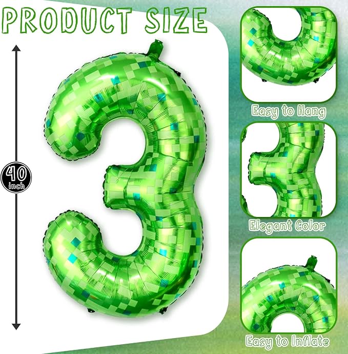 40 Inch Green Pixel Number 3 Balloon, Lime Green Large Foil Number Balloon 3rd - Image 3