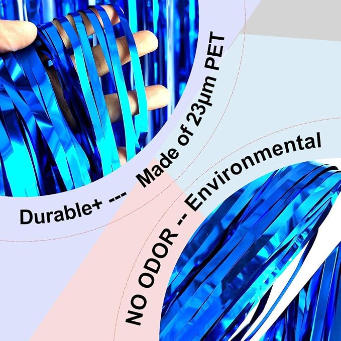 Blue Foil Fringe Curtain- 4 Pack of 3.2x8.2ft Blue Streamers Backdrop Curtains - Image 4