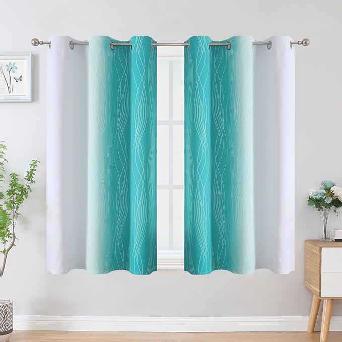 Teal and Greyish White Blackout Curtains 54 Inch Length, Light Blocking - Image 2